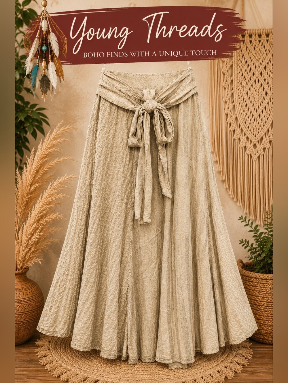 124 Young Threads Taupe A-Line Midi Skirt with Removable Belt